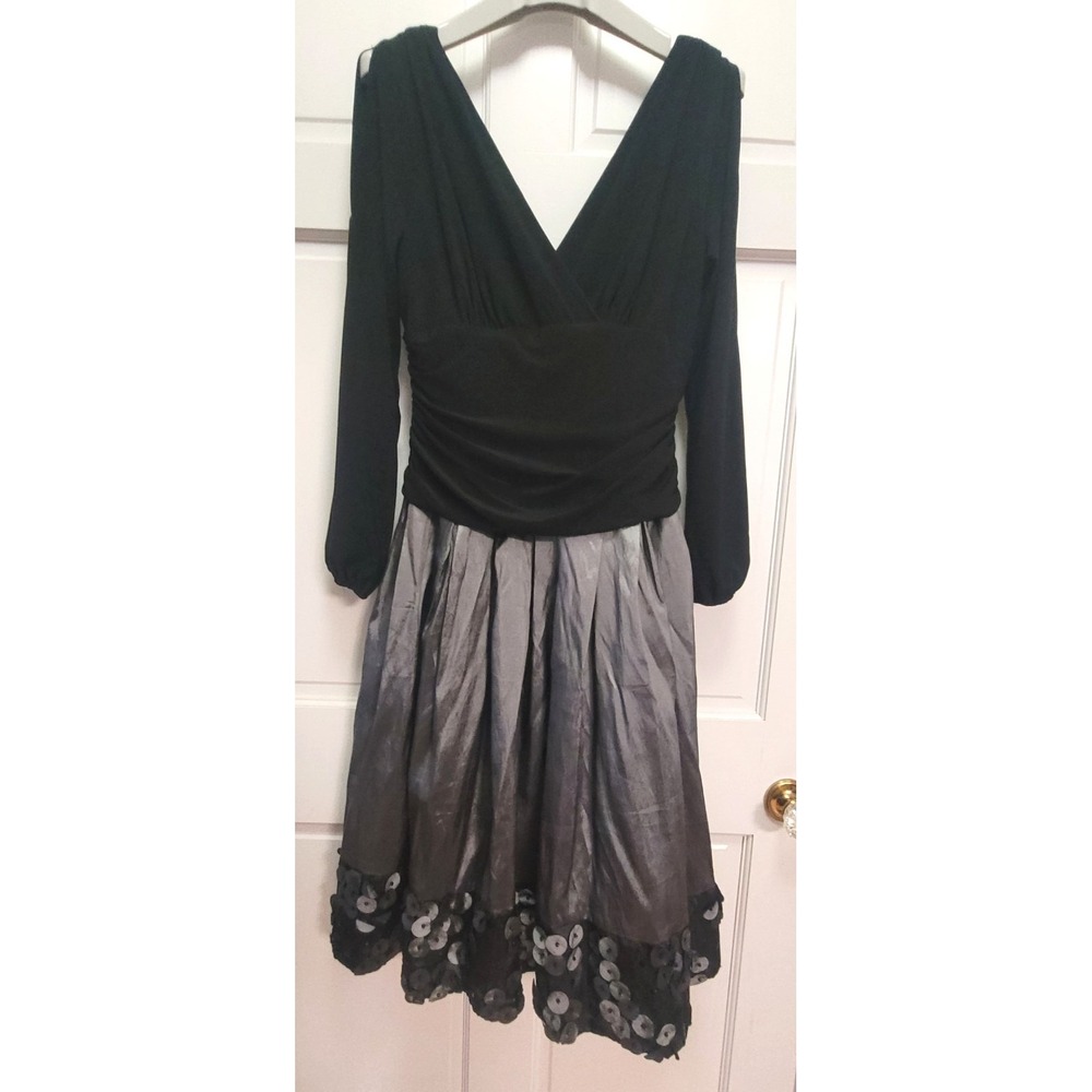 S.L. Fashions Women's V-Neck Taffeta Skirt Cold Shoulder Party Dress - Sz 14